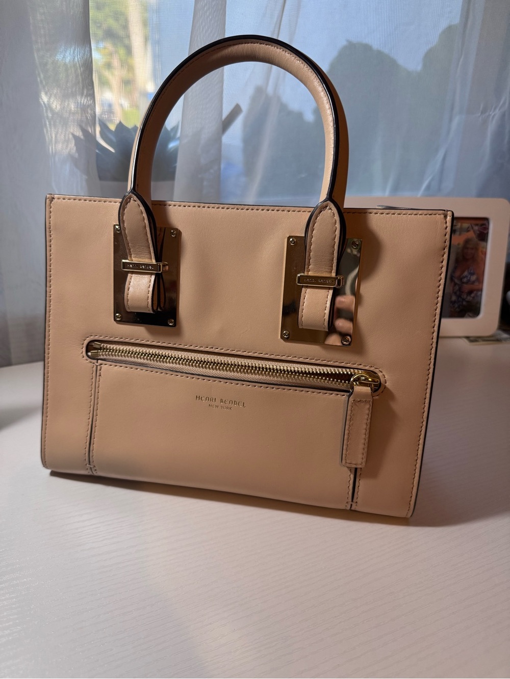 henri bendel blush beige leather top-handle satchel with gold hardware